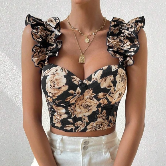 Floral Print Bustier Corset lace up Cropped Top - Picture 2 of 11